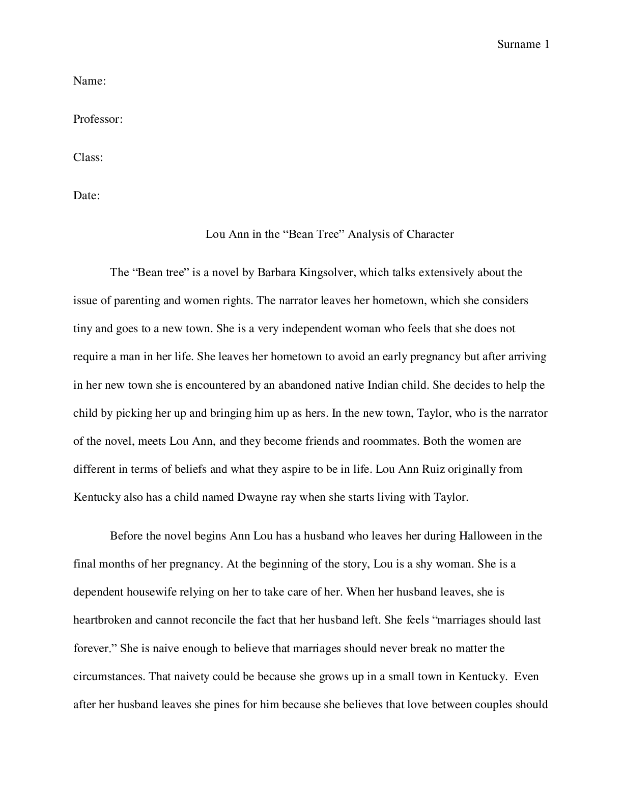 Preview image for Lou Ann in the “Bean Tree” Analysis of Character